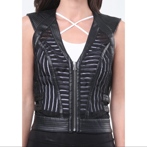 Bebe MIA Faux Leather Sheer Chevron Stripe Vest